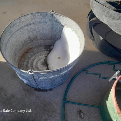 Galvanized metal bucket, Metal Tree stand and whirly- gig part