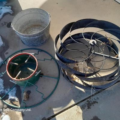 Galvanized metal bucket, Metal Tree stand and whirly- gig part