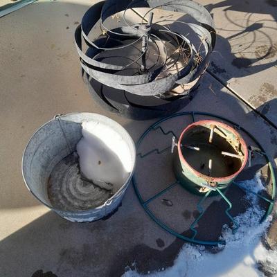 Galvanized metal bucket, Metal Tree stand and whirly- gig part