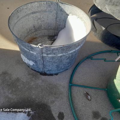Galvanized metal bucket, Metal Tree stand and whirly- gig part