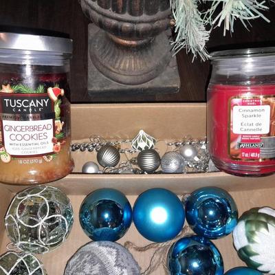 Two faux Christmas trees - ornaments and two candles