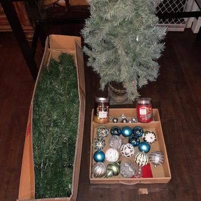 Two faux Christmas trees - ornaments and two candles