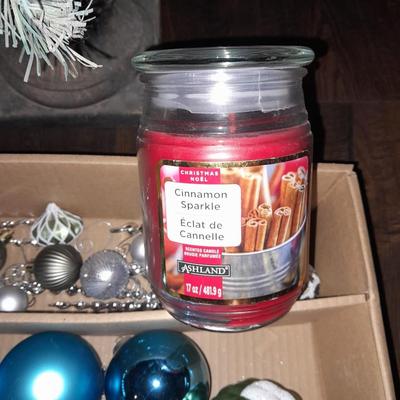 Two faux Christmas trees - ornaments and two candles