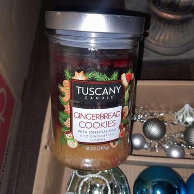 Two faux Christmas trees - ornaments and two candles