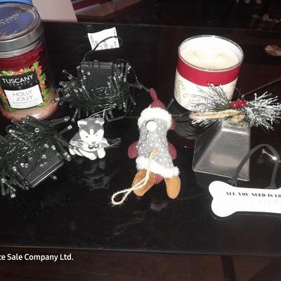 Christmas decor for the dog lover! and two bundles of battery-operated LED lights scented candles.