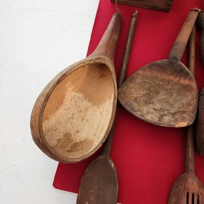 Lot of Primitive Wood Cooking utensils Decor