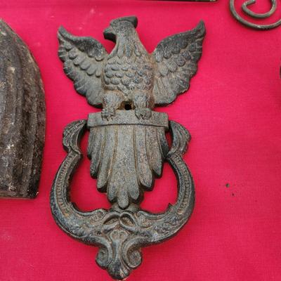 Vintage Lot Cast iron Boot Scraper , Iron, Eagle Door Knocker, Forged Dinner Bell