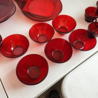 Lot of Ruby Red Glassware Cups Plates Arcoroc France Bowls