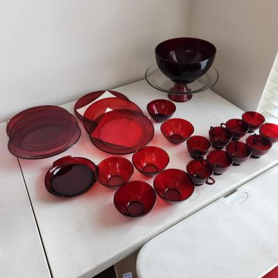 Lot of Ruby Red Glassware Cups Plates Arcoroc France Bowls