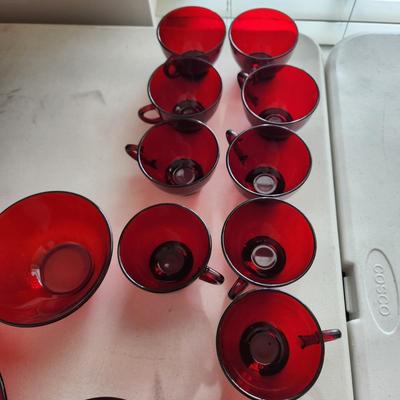 Lot of Ruby Red Glassware Cups Plates Arcoroc France Bowls