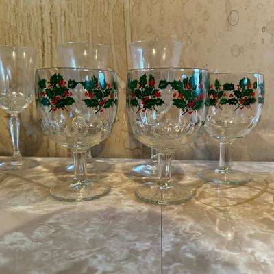 HOLIDAY STEMMED GLASSES, MUGS AND 4 CRYSTAL WINE GLASSES