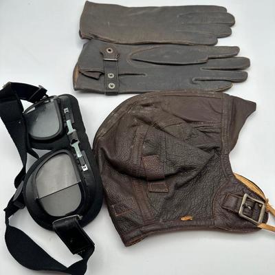 WW2 Leather Flight Helmet, Gloves & Goggles