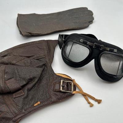 WW2 Leather Flight Helmet, Gloves & Goggles