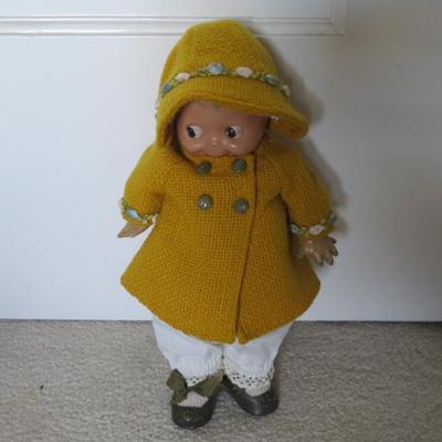 Hand Knit Doll Clothes Hooded Bright Yellow Cotton Jacket on a Kewpie - as is