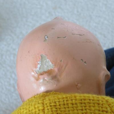 Hand Knit Doll Clothes Hooded Bright Yellow Cotton Jacket on a Kewpie - as is