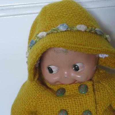 Hand Knit Doll Clothes Hooded Bright Yellow Cotton Jacket on a Kewpie - as is