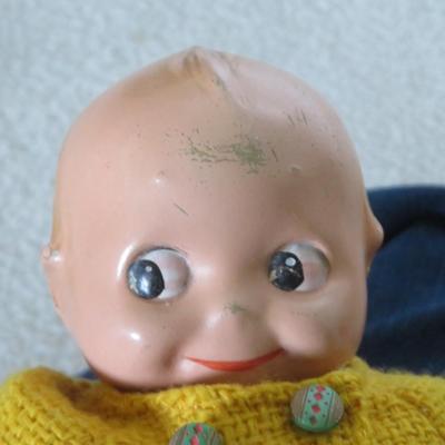 Hand Knit Doll Clothes Hooded Bright Yellow Cotton Jacket on a Kewpie - as is