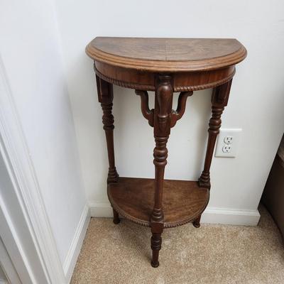 Small walnut half-round 2 tier console table