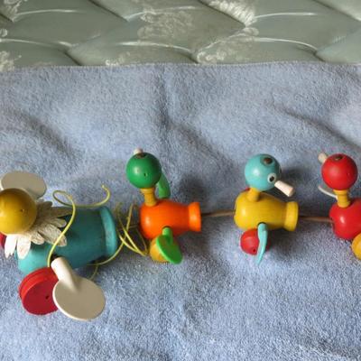 Vintage Fisher Price Wooden Ducks Pull Toy Mama Duck & 3 Babies Quacky Family Great Adventures Antiques Great Adventures Antiques