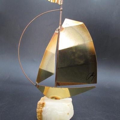 MID-CENTURY MODERN Brass METAL SAIL BOAT QUARTZ PEDESTAL, SIGNED Nautical