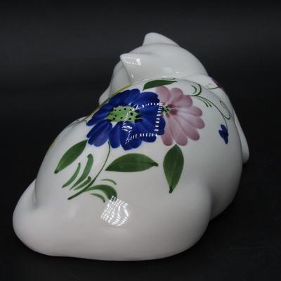Retro Hand Painted Art Deco Ceramic Pottery Art Sleeping Flower Cat Figurine