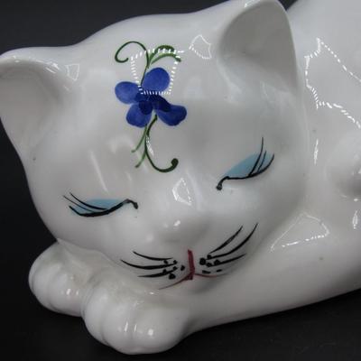 Retro Hand Painted Art Deco Ceramic Pottery Art Sleeping Flower Cat Figurine