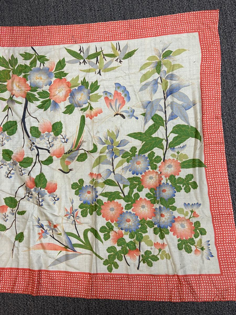 Vintage Silk Scarf Asian Style Print Flowers with Bird and Butterfly ...