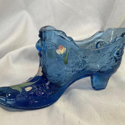 Blue Fenton Glass Slipper Painted by Susan Bryan