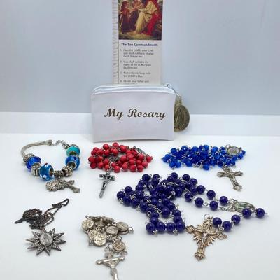 LOT 36J: Sterling Religious Pendant with Collection of Rosary Beads and More
