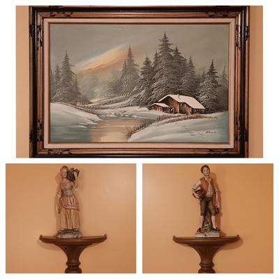 LOT 55L: 31x43 Oil Painting Signed Albert with a Set of Homco Figurines