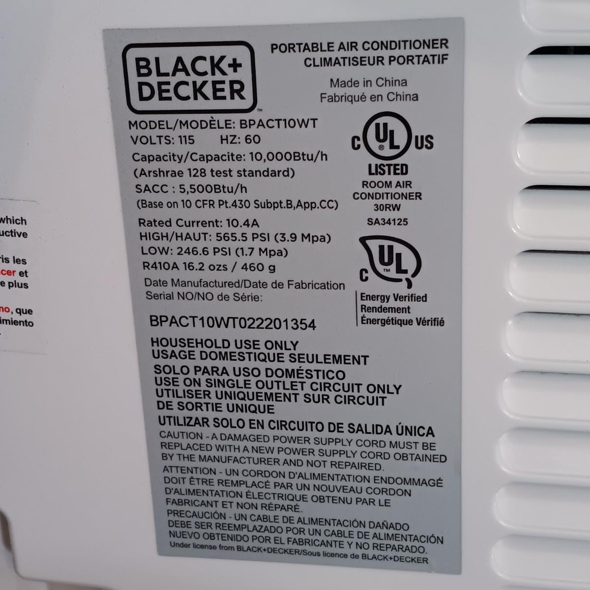 LOT 146UB Black & Decker BPACT10WT Portable Air Conditioner