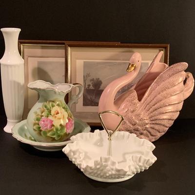 LOT 221FB: Vintage Collection of Pink Swan Planter, Milk Glass Vase & Candy Dish, Pitcher/Bowl Set & Framed Prints