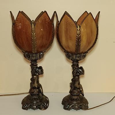 LOT 279L: Set of Vintage Metal and Amber Glass Cherub Table Lamps
