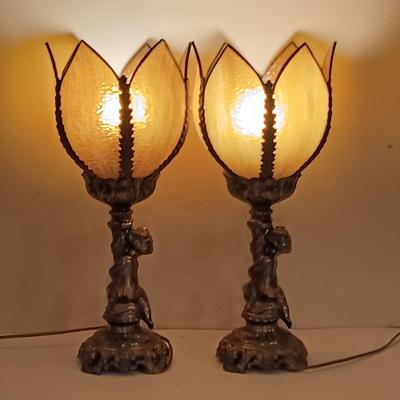 LOT 279L: Set of Vintage Metal and Amber Glass Cherub Table Lamps