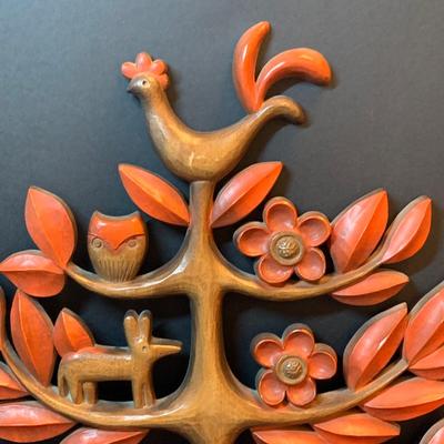 LOT 306L: Vintage Syroco Tree of Life Wall Plaque, Glass Hen on Nest, Reproduction Coffee Mill & Copper Mold