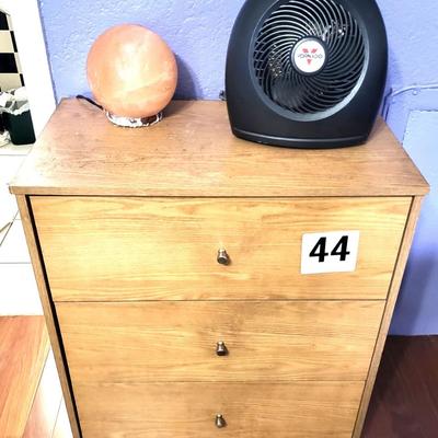 3 Drawer Wood Cabinet with Vornado Fan and Ball Shaped Salt Lamp