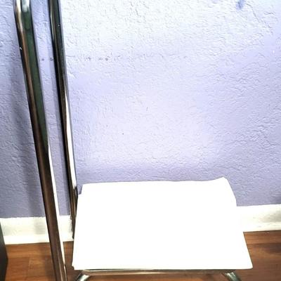 Small Wood Table with Simplehuman Waste Can and Foot Stool