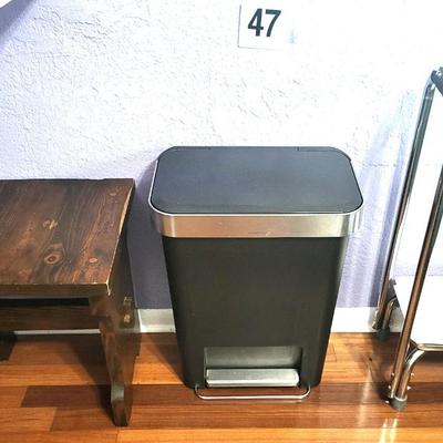 Small Wood Table with Simplehuman Waste Can and Foot Stool