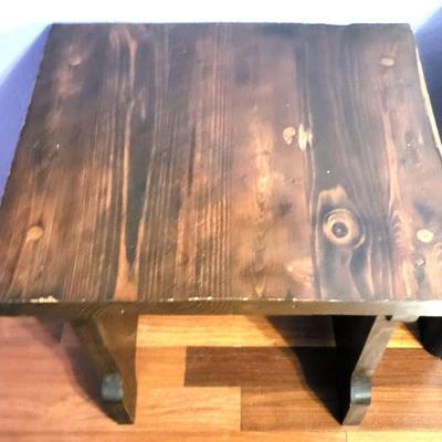 Small Wood Table with Simplehuman Waste Can and Foot Stool