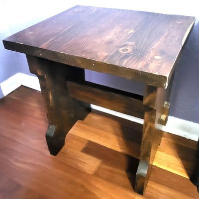 Small Wood Table with Simplehuman Waste Can and Foot Stool