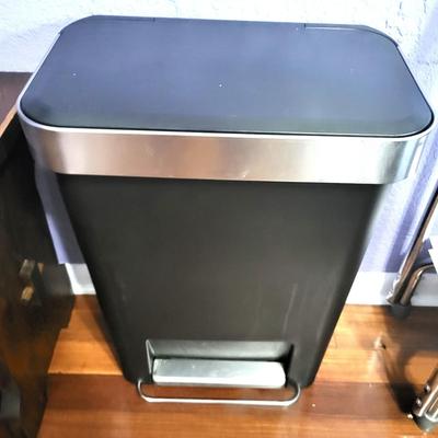 Small Wood Table with Simplehuman Waste Can and Foot Stool