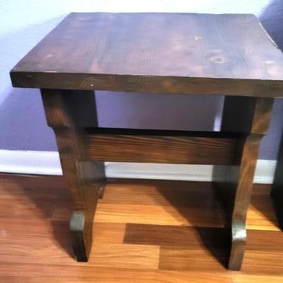 Small Wood Table with Simplehuman Waste Can and Foot Stool