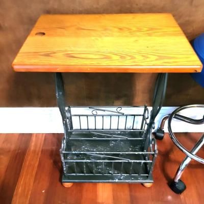 Small Wood Table with Magazine Rack, and Wicker Woven Landry Hamper and Winco Exam Stool and Simplehuman Waste Can