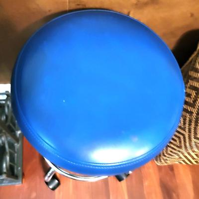 Small Wood Table with Magazine Rack, and Wicker Woven Landry Hamper and Winco Exam Stool and Simplehuman Waste Can