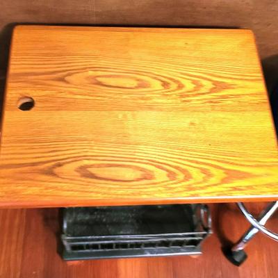 Small Wood Table with Magazine Rack, and Wicker Woven Landry Hamper and Winco Exam Stool and Simplehuman Waste Can