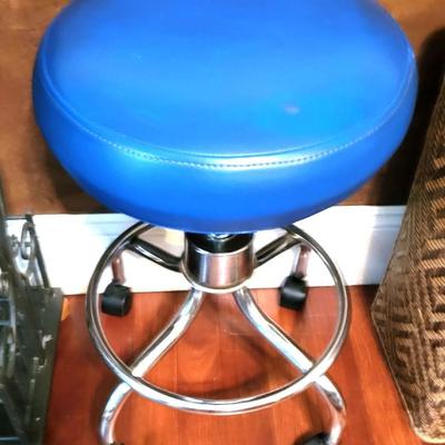 Small Wood Table with Magazine Rack, and Wicker Woven Landry Hamper and Winco Exam Stool and Simplehuman Waste Can