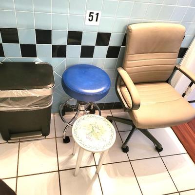 Small White Table with Simplehuman Waste Can, Gray Office Chair and Winco Exam Stool