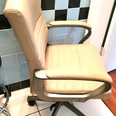 Small White Table with Simplehuman Waste Can, Gray Office Chair and Winco Exam Stool