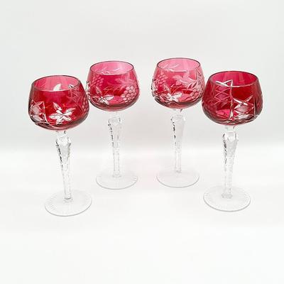 Four (4) Cranberry Bohemian Wine Glasses