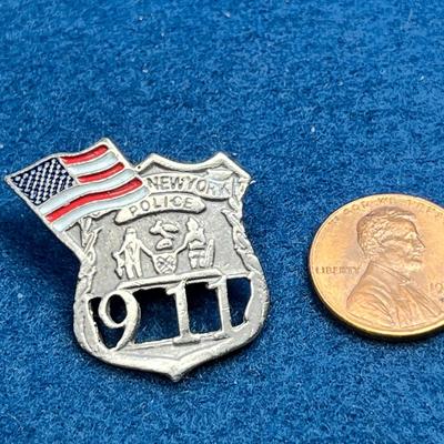NEW YORK POLICE 9-11 WITH ENAMELED U.S. FLAG PIN